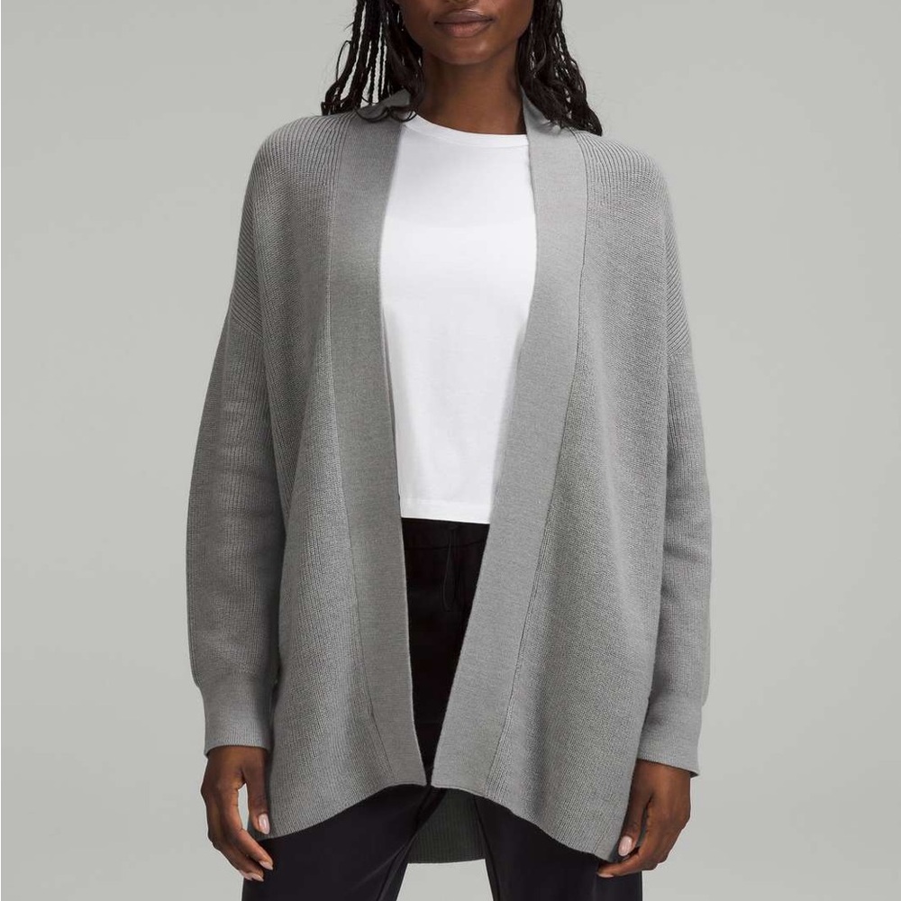 Lululemon Merino Wool Blend Ribbed Open Front Cardigan Heathered Gull Grey Sz 4